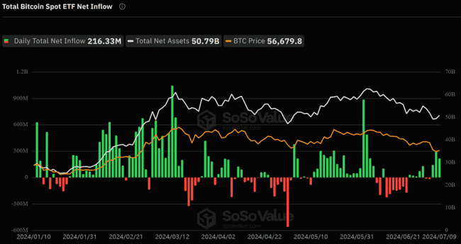 美比特币现货 ETF 昨净流入 2.16 亿美元，连续三个交易日呈净流入