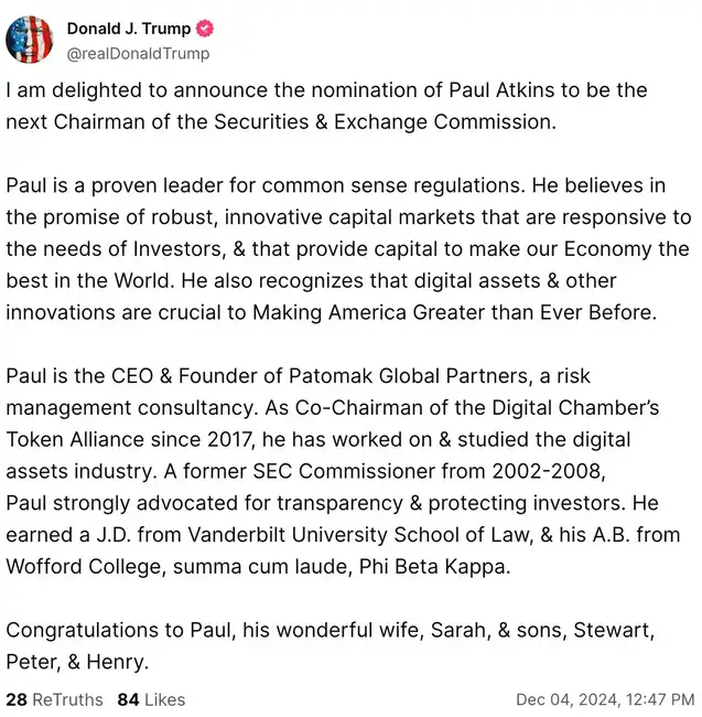Paul Atkins 出任 SEC 新主席，加密货币未来展望