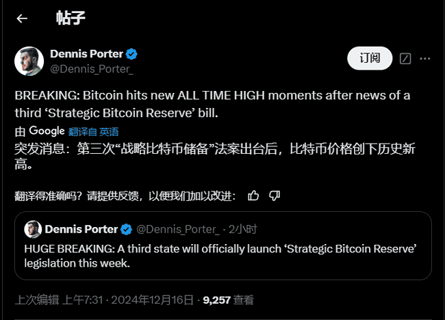 比特币跃升10.6万美元新高！美国多州立法储备，加密市场创历史新高