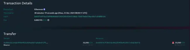 币安2万枚ETH巨额转账至神秘钱包，价值超6605万美元引关注