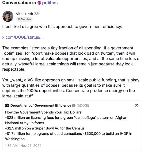 Vitalik罕见批判政府效率部门：重视小钱，忽视大支出浪费