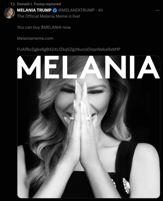 川普夫人加入炒币行列力推迷因币$MELANIA，社群不满情绪高涨