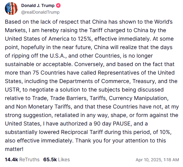 特朗普宣布关税暂停，引发全球资产暴涨狂潮！
