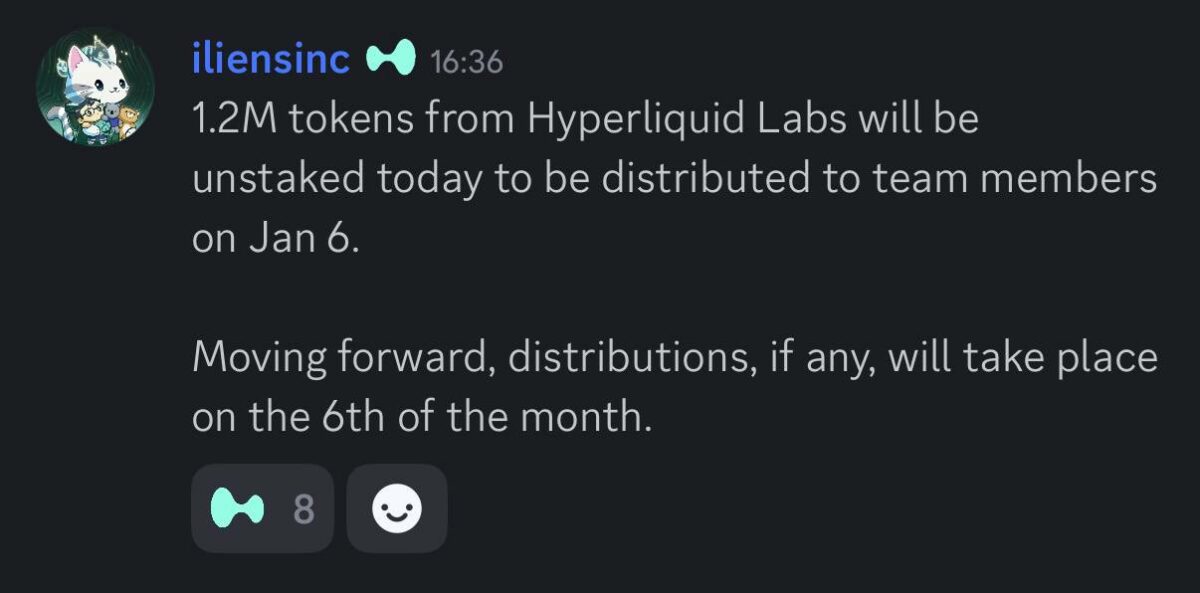 Hyperliquid突发120万枚HYPE代币解锁！1月6日团队分配引爆市场抛压担忧
