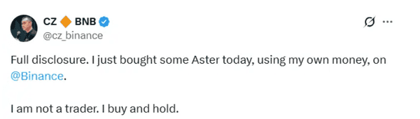 赵长鹏力挺Aster，助推BNB，代币暴涨20%！