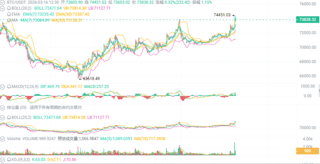 比特币突破74000美元后企稳 以太坊暴涨4%冲击2300美元 加密市场连涨7日创纪录