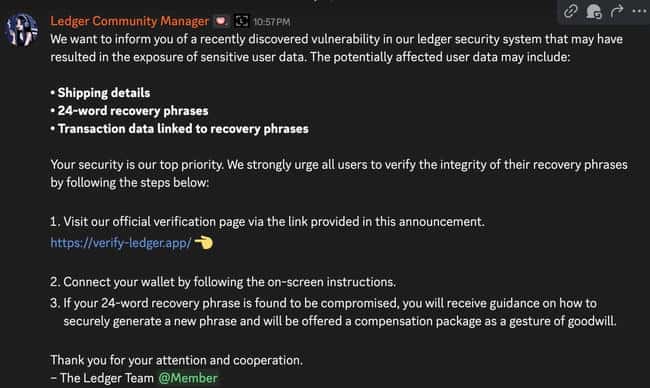 Ledger冷钱包官方Discord遭黑客入侵！CZ警示：社群成加密企业最软肋！